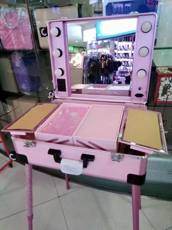 Casse de maquillage réglable jambes de support valise lourde LED miroir lumineux cosmétique roulement 4 roues chariot Casse de maquillage