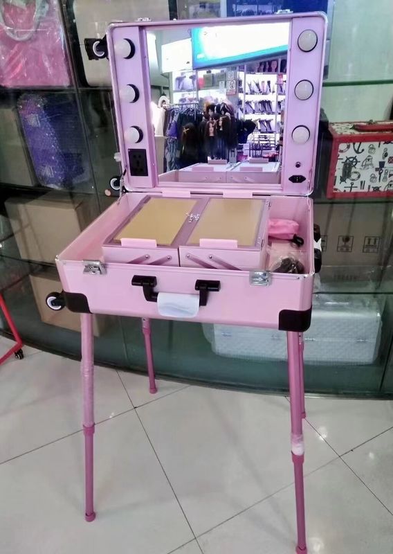 Casse de maquillage réglable jambes de support valise lourde LED miroir lumineux cosmétique roulement 4 roues chariot Casse de maquillage