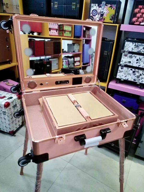 Casse de maquillage réglable jambes de support valise lourde LED miroir lumineux cosmétique roulement 4 roues chariot Casse de maquillage