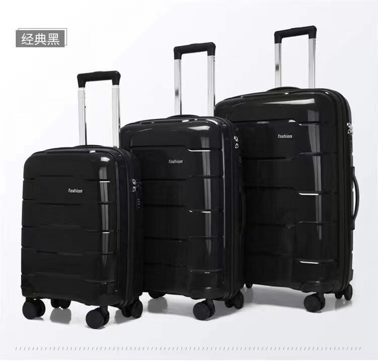 Matériau PP Fermeture à glissière résistante à l'explosion Valise 20 24 28 Trois pièces Valise Universal Roue Mot de passe Embarquement Trolley Box